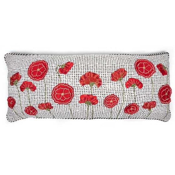 Retired MacKenzie-Childs Poppy Dot Lumbar Pillow 16”x36” Red Floral Embroidered - Picture 1 of 3